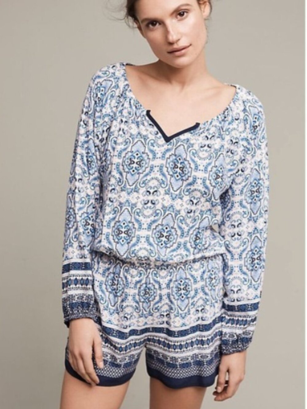 Anthropologie Elevenses Basia blue and‎ white one piece boho romper S
